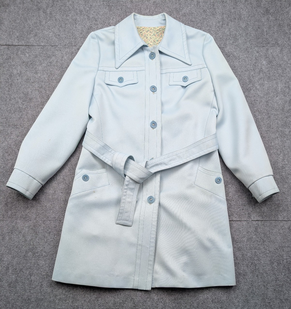 Vintage Coat Womens 10 All Weather Blue 70s Outdoor Layer Retro Trench Belted